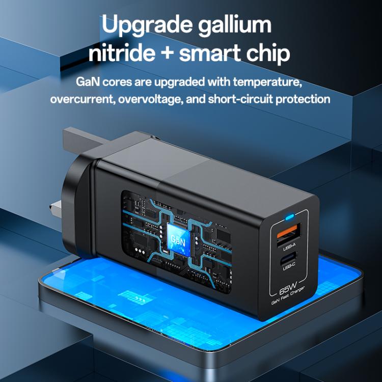 Yesido YC92 65W USB and USB-C / Type-C Dual Port GaN Fast Charger Set, UK Plug(Black) - USB Charger by Yesido | Online Shopping UK | buy2fix