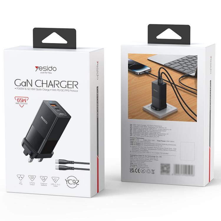 Yesido YC92 65W USB and USB-C / Type-C Dual Port GaN Fast Charger Set, UK Plug(Black) - USB Charger by Yesido | Online Shopping UK | buy2fix