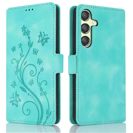For Samsung Galaxy A25 5G Global Dreamy Butterfly Love Flower Embossed Leather Phone Case(Green)