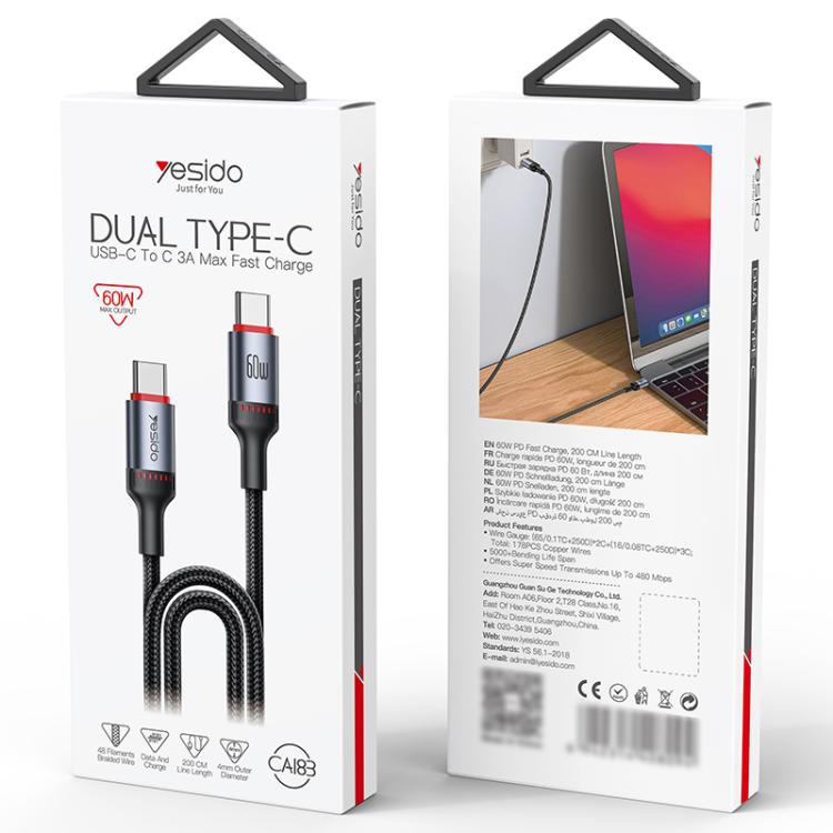 Yesido CA183 PD60W 3A USB-C / Type-C to USB-C / Type-C Charging Data Cable, Length: 2m(Black) - USB-C & Type-C Cable by Yesido | Online Shopping UK | buy2fix