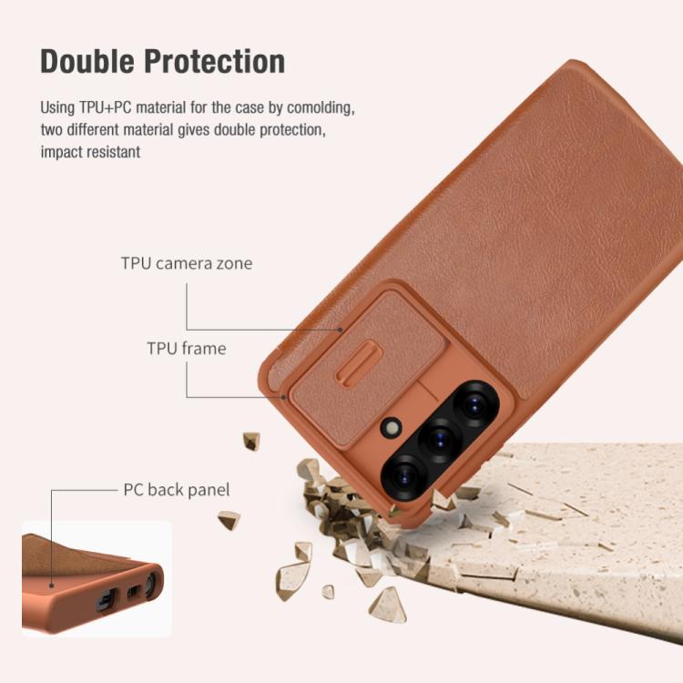 For Samsung Galaxy S25 5G NILLKIN QIN Series Pro Sliding Camera Cover Design Leather Phone Case(Brown) - Galaxy S25 5G Cases by NILLKIN | Online Shopping UK | buy2fix