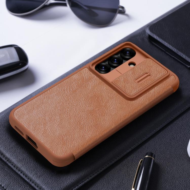 For Samsung Galaxy S25 5G NILLKIN QIN Series Pro Sliding Camera Cover Design Leather Phone Case(Brown) - Galaxy S25 5G Cases by NILLKIN | Online Shopping UK | buy2fix