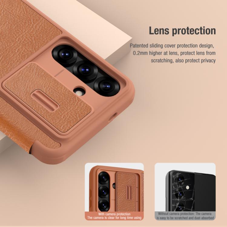 For Samsung Galaxy S25 5G NILLKIN QIN Series Pro Sliding Camera Cover Design Leather Phone Case(Brown) - Galaxy S25 5G Cases by NILLKIN | Online Shopping UK | buy2fix