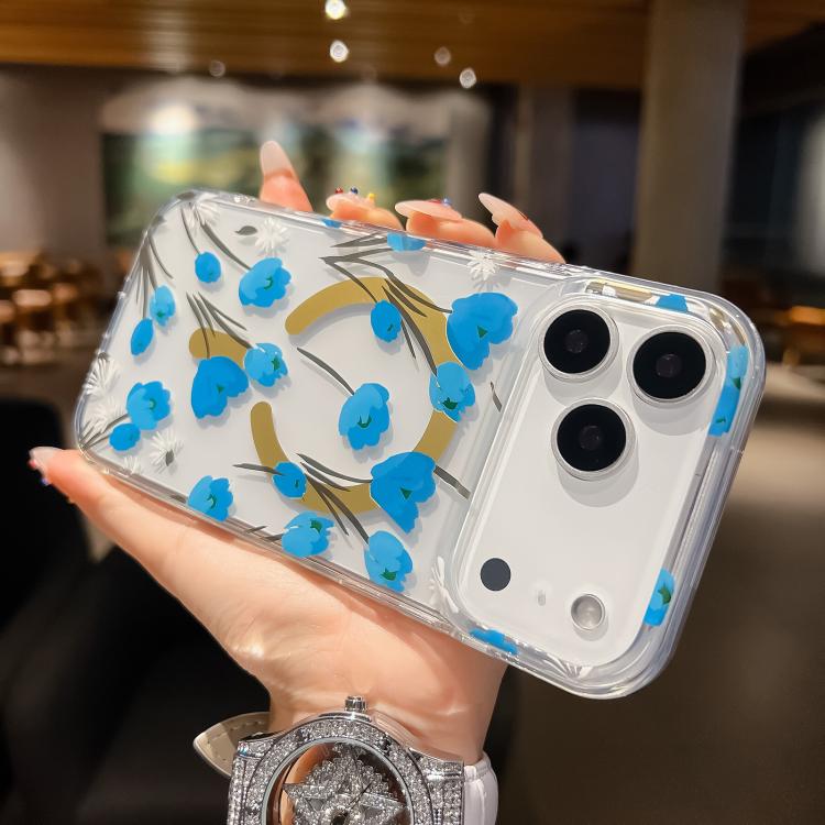 For iPhone 17 Pro Max Dual-side Laminating IMD MagSafe Phone Case(Blue Flowers) - iPhone 17 Pro Max Cases by buy2fix | Online Shopping UK | buy2fix