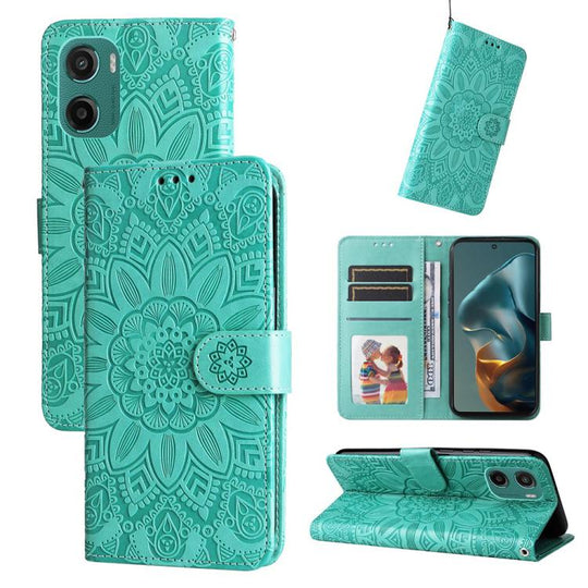 For Motorola Moto G05 / E15 Embossed Sunflower Leather Phone Case(Green)