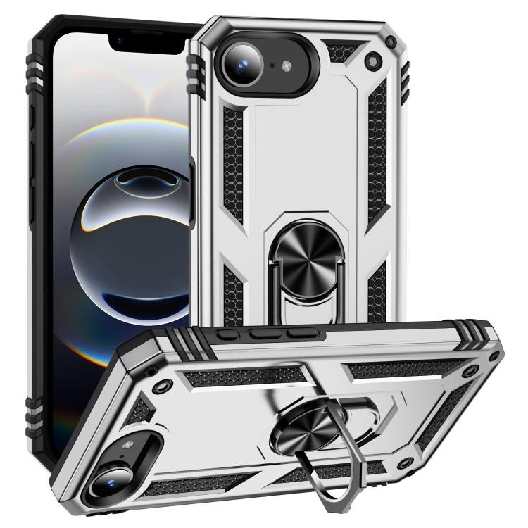 For iPhone 16e Shockproof TPU Hybrid PC Phone Case with Holder(Silver) - iPhone 16e Cases by buy2fix | Online Shopping UK | buy2fix