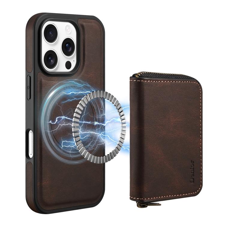 For iPhone 16 Pro Max Denior D26 Skin Feel MagSafe Zipper Bag Leather Phone Case(Coffee) - iPhone 16 Pro Max Cases by Denior | Online Shopping UK | buy2fix