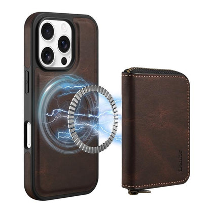 For iPhone 16 Pro Max Denior D26 Skin Feel MagSafe Zipper Bag Leather Phone Case(Coffee) - iPhone 16 Pro Max Cases by Denior | Online Shopping UK | buy2fix