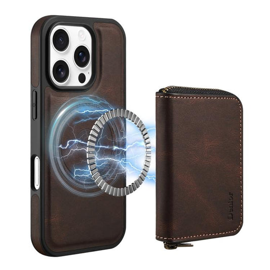 For iPhone 16 Pro Max Denior D26 Skin Feel MagSafe Zipper Bag Leather Phone Case(Coffee) - iPhone 16 Pro Max Cases by Denior | Online Shopping UK | buy2fix