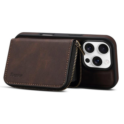 For iPhone 16 Pro Max Denior D26 Skin Feel MagSafe Zipper Bag Leather Phone Case(Coffee) - iPhone 16 Pro Max Cases by Denior | Online Shopping UK | buy2fix