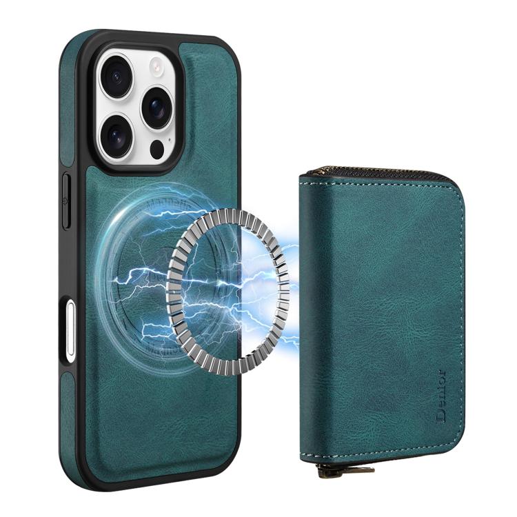 For iPhone 16 Pro Max Denior D26 Skin Feel MagSafe Zipper Bag Leather Phone Case(Blue) - iPhone 16 Pro Max Cases by Denior | Online Shopping UK | buy2fix