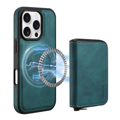 For iPhone 16 Pro Max Denior D26 Skin Feel MagSafe Zipper Bag Leather Phone Case(Blue) - iPhone 16 Pro Max Cases by Denior | Online Shopping UK | buy2fix