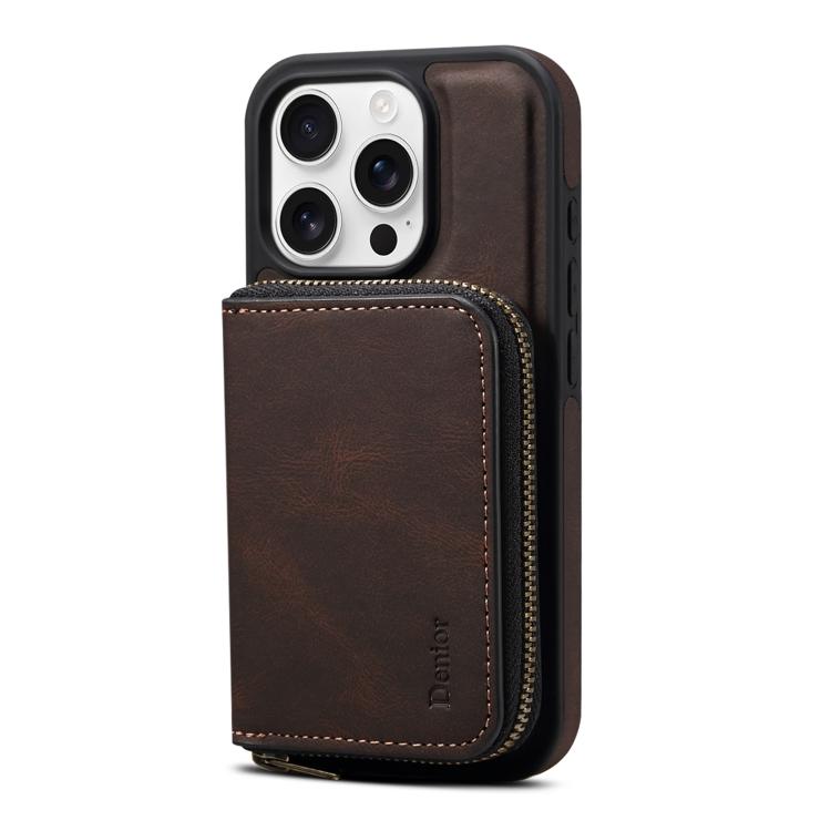 For iPhone 16 Pro Denior D26 Skin Feel MagSafe Zipper Bag Leather Phone Case(Coffee) - iPhone 16 Pro Cases by Denior | Online Shopping UK | buy2fix