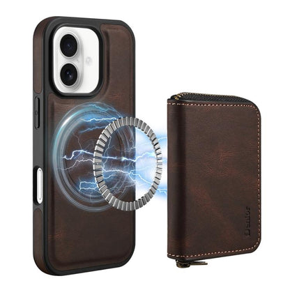 For iPhone 16 Plus Denior D26 Skin Feel MagSafe Zipper Bag Leather Phone Case(Coffee) - iPhone 16 Plus Cases by Denior | Online Shopping UK | buy2fix
