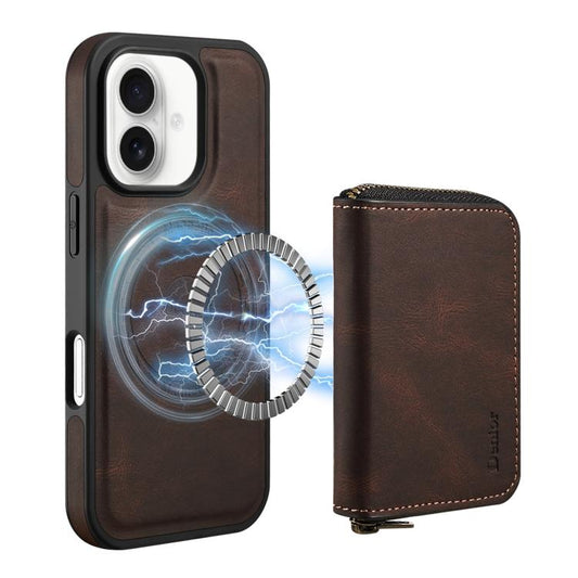 For iPhone 16 Plus Denior D26 Skin Feel MagSafe Zipper Bag Leather Phone Case(Coffee) - iPhone 16 Plus Cases by Denior | Online Shopping UK | buy2fix