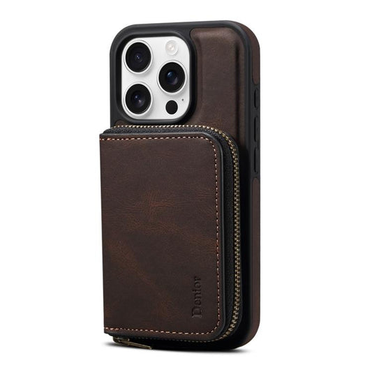 For iPhone 16 Plus Denior D26 Skin Feel MagSafe Zipper Bag Leather Phone Case(Coffee) - iPhone 16 Plus Cases by Denior | Online Shopping UK | buy2fix