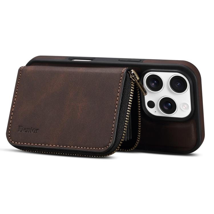 For iPhone 16 Plus Denior D26 Skin Feel MagSafe Zipper Bag Leather Phone Case(Coffee) - iPhone 16 Plus Cases by Denior | Online Shopping UK | buy2fix