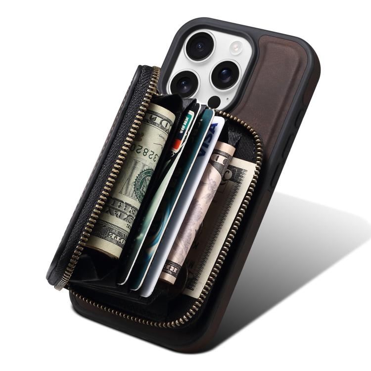 For iPhone 16 Plus Denior D26 Skin Feel MagSafe Zipper Bag Leather Phone Case(Coffee) - iPhone 16 Plus Cases by Denior | Online Shopping UK | buy2fix