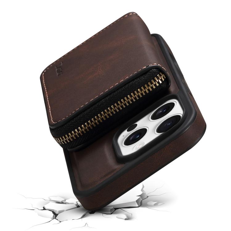 For iPhone 16 Plus Denior D26 Skin Feel MagSafe Zipper Bag Leather Phone Case(Coffee) - iPhone 16 Plus Cases by Denior | Online Shopping UK | buy2fix