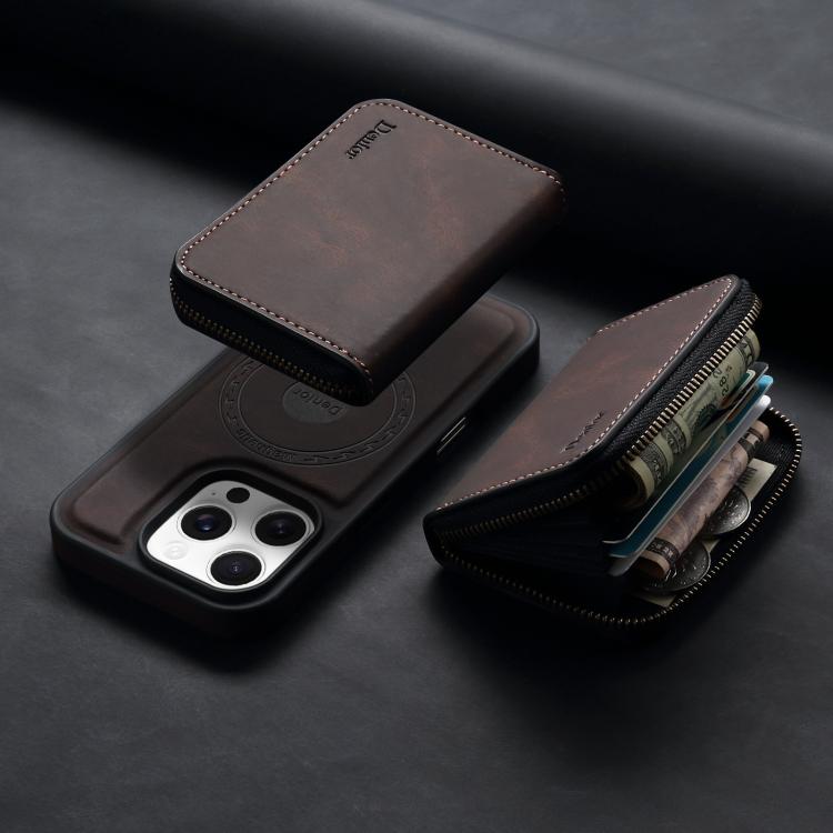 For iPhone 16 Plus Denior D26 Skin Feel MagSafe Zipper Bag Leather Phone Case(Coffee) - iPhone 16 Plus Cases by Denior | Online Shopping UK | buy2fix