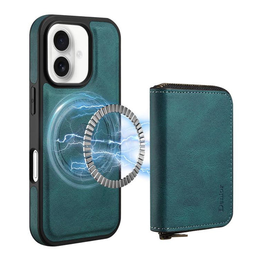 For iPhone 16 Plus Denior D26 Skin Feel MagSafe Zipper Bag Leather Phone Case(Blue) - iPhone 16 Plus Cases by Denior | Online Shopping UK | buy2fix