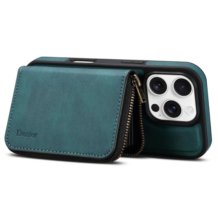 For iPhone 16 Plus Denior D26 Skin Feel MagSafe Zipper Bag Leather Phone Case(Blue) - iPhone 16 Plus Cases by Denior | Online Shopping UK | buy2fix