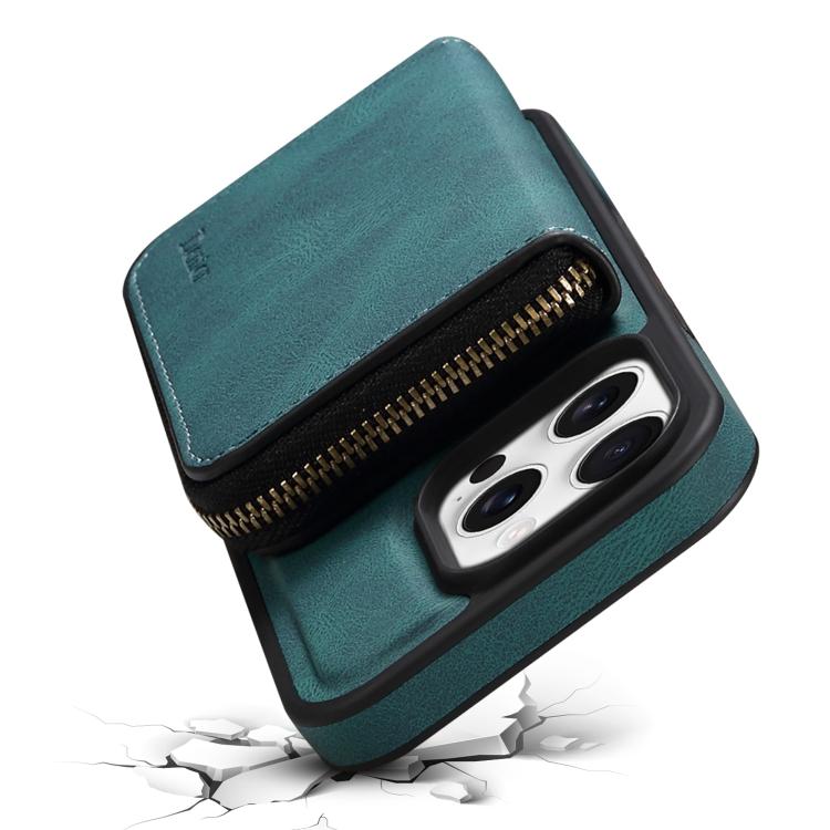 For iPhone 16 Plus Denior D26 Skin Feel MagSafe Zipper Bag Leather Phone Case(Blue) - iPhone 16 Plus Cases by Denior | Online Shopping UK | buy2fix