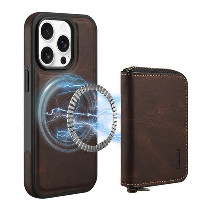 For iPhone 15 Pro Max Denior D26 Skin Feel MagSafe Zipper Bag Leather Phone Case(Coffee) - iPhone 15 Pro Max Cases by Denior | Online Shopping UK | buy2fix