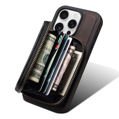 For iPhone 15 Pro Max Denior D26 Skin Feel MagSafe Zipper Bag Leather Phone Case(Coffee) - iPhone 15 Pro Max Cases by Denior | Online Shopping UK | buy2fix
