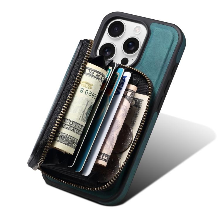 For iPhone 15 Pro Max Denior D26 Skin Feel MagSafe Zipper Bag Leather Phone Case(Blue) - iPhone 15 Pro Max Cases by Denior | Online Shopping UK | buy2fix