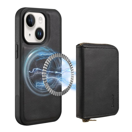 For iPhone 15 Denior D26 Skin Feel MagSafe Zipper Bag Leather Phone Case(Black)