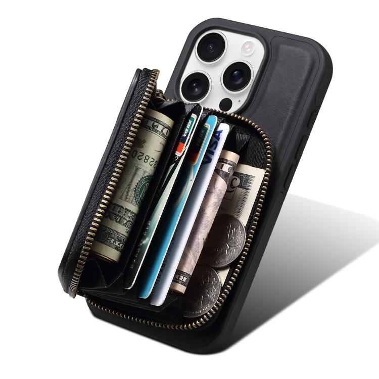 For iPhone 15 Denior D26 Skin Feel MagSafe Zipper Bag Leather Phone Case(Black) - iPhone 15 Cases by Denior | Online Shopping UK | buy2fix