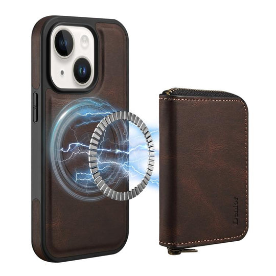For iPhone 15 Denior D26 Skin Feel MagSafe Zipper Bag Leather Phone Case(Coffee)