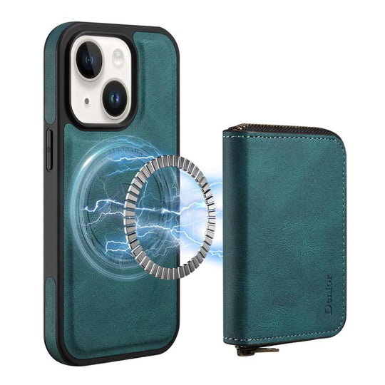 For iPhone 15 Denior D26 Skin Feel MagSafe Zipper Bag Leather Phone Case(Blue)