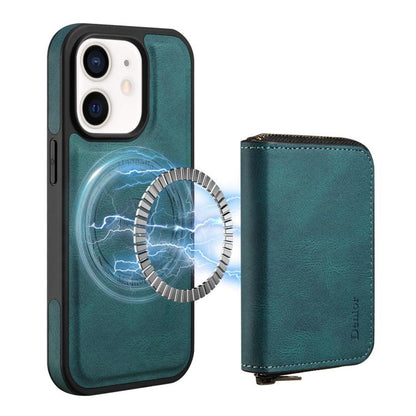 For iPhone 12 / 12 Pro Denior D26 Skin Feel MagSafe Zipper Bag Leather Phone Case(Blue) - iPhone 12 / 12 Pro Cases by Denior | Online Shopping UK | buy2fix