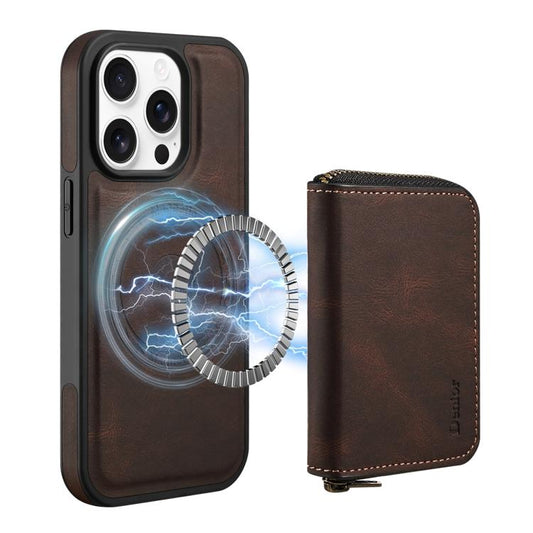 For iPhone 12 Pro Max Denior D26 Skin Feel MagSafe Zipper Bag Leather Phone Case(Coffee) - iPhone 12 Pro Max Cases by Denior | Online Shopping UK | buy2fix