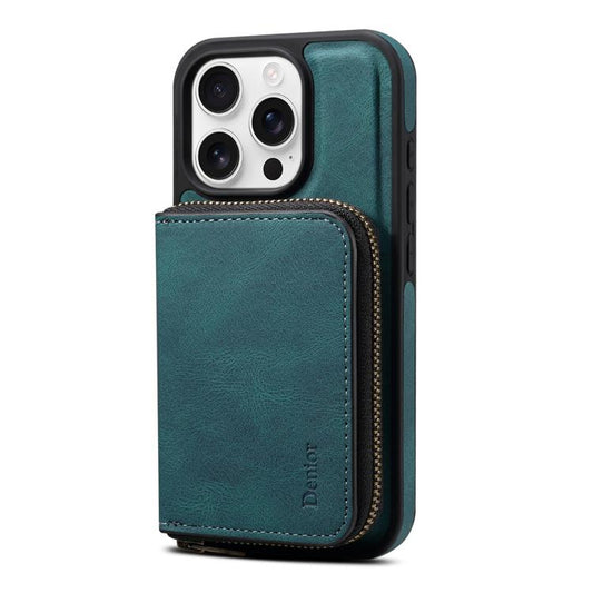 For iPhone 12 Pro Max Denior D26 Skin Feel MagSafe Zipper Bag Leather Phone Case(Blue) - iPhone 12 Pro Max Cases by Denior | Online Shopping UK | buy2fix