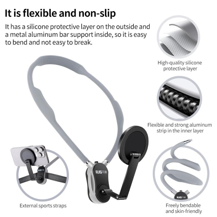 RUIGPRO Magnetic Neck Mount Anti-shake Phone Bracket(Grey) - Holder by RUIGPRO | Online Shopping UK | buy2fix