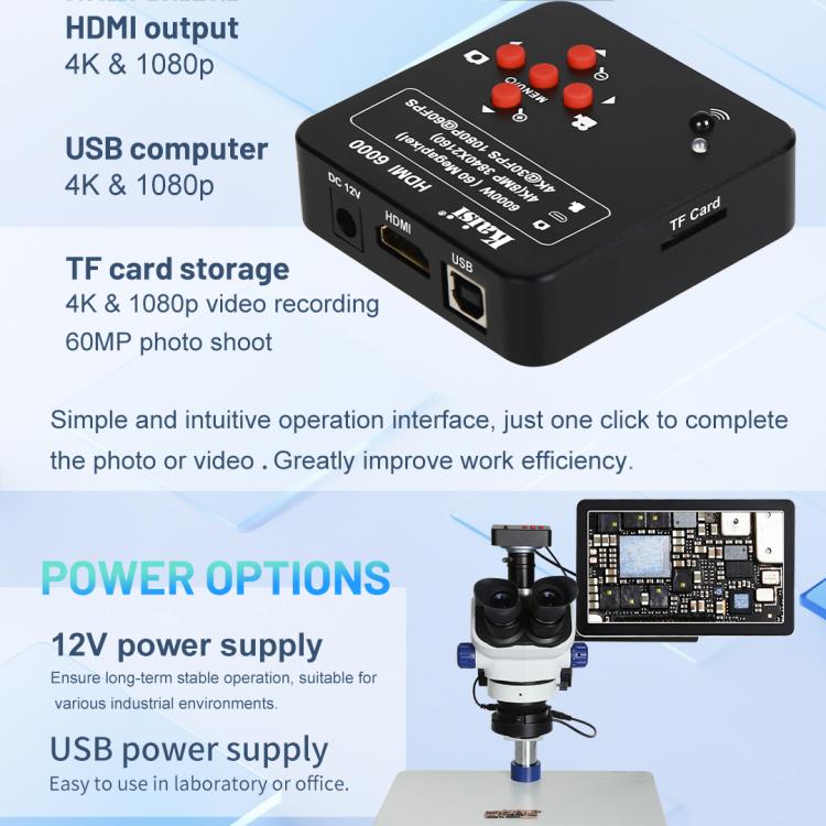 Kaisi HDMI 6000 HDMI / USB Dual Interface 60MP 4K Ultra HD Microscope Industrial Camera, Plug:US Plug - Microscope Magnifier Series by Kaisi | Online Shopping UK | buy2fix