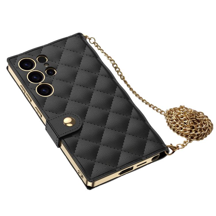 For Samsung Galaxy S24 Ultra 5G GKK Plating Diamond Texture Leather Phone Case With Crossbody Chain(Black) - Galaxy S24 Ultra 5G Cases by GKK | Online Shopping UK | buy2fix