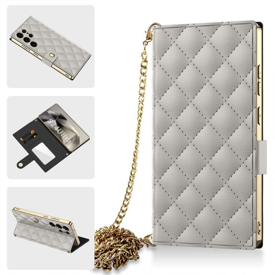 For Samsung Galaxy S24 Ultra 5G GKK Plating Diamond Texture Leather Phone Case With Crossbody Chain(Titanium Gray)