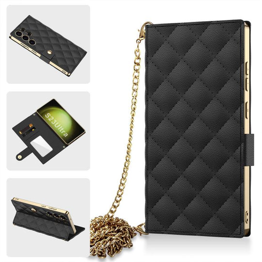 For Samsung Galaxy S23 Ultra 5G GKK Plating Diamond Texture Leather Phone Case With Crossbody Chain(Black)