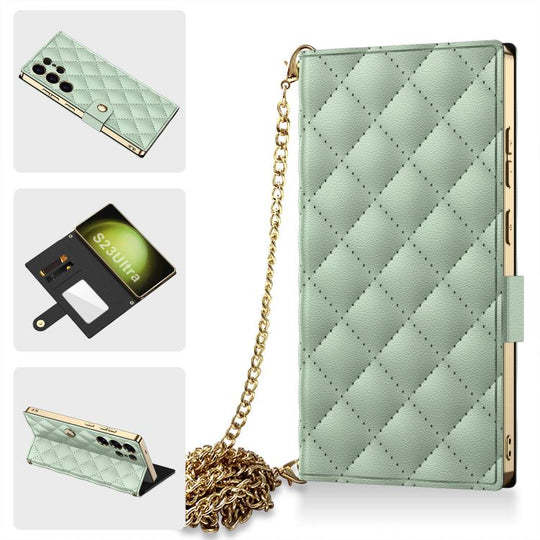 For Samsung Galaxy S23 Ultra 5G GKK Plating Diamond Texture Leather Phone Case With Crossbody Chain(Matcha Green)