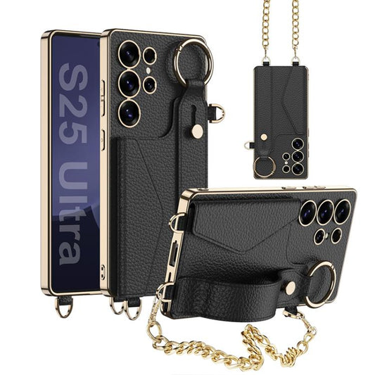 For Samsung Galaxy S25 Ultra 5G GKK Plating Leather Card Holder Full Coverage Phone Case With Bracelet(Black) - Galaxy S25 Ultra 5G Cases by GKK | Online Shopping UK | buy2fix