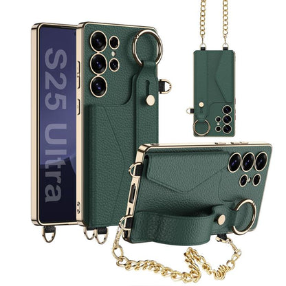 For Samsung Galaxy S25 Ultra 5G GKK Plating Leather Card Holder Full Coverage Phone Case With Bracelet(Emerald) - Galaxy S25 Ultra 5G Cases by GKK | Online Shopping UK | buy2fix
