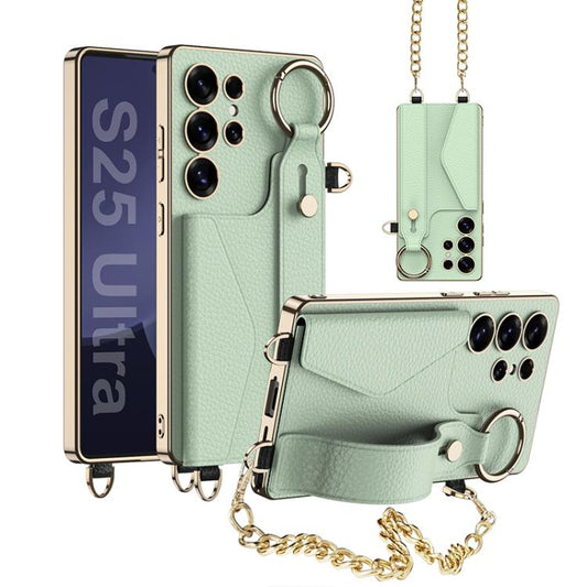 For Samsung Galaxy S25 Ultra 5G GKK Plating Leather Card Holder Full Coverage Phone Case With Bracelet(Matcha Green) - Galaxy S25 Ultra 5G Cases by GKK | Online Shopping UK | buy2fix