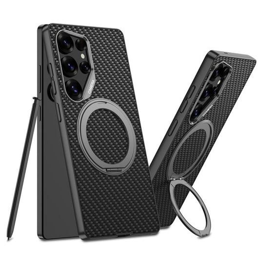 For Samsung Galaxy S25 Ultra 5G GKK Metal Paint Skin Feel Leather Phone Case With Magnetic Rotating Holder, Not Included Pen(Carbon Fiber Texture) - Galaxy S25 Ultra 5G Cases by GKK | Online Shopping UK | buy2fix