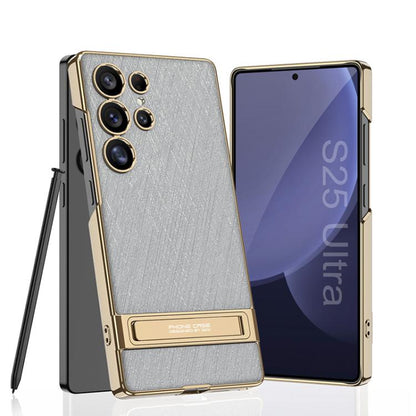 For Samsung Galaxy S25 Ultra 5G GKK Triumph Ultra-Thin Plain Leather Silver Brocade Phone Case with Holder(Silver Brocade Grey) - Galaxy S25 Ultra 5G Cases by GKK | Online Shopping UK | buy2fix