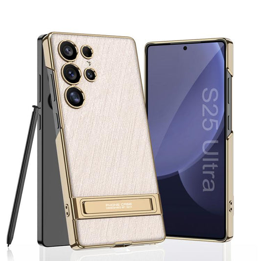 For Samsung Galaxy S25 Ultra 5G GKK Triumph Ultra-Thin Plain Leather Silver Brocade Phone Case with Holder(Silver Brocade Pink) - Galaxy S25 Ultra 5G Cases by GKK | Online Shopping UK | buy2fix