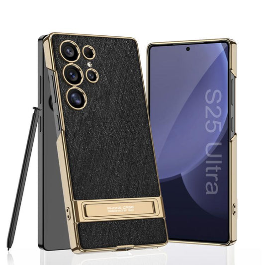 For Samsung Galaxy S25 Ultra 5G GKK Triumph Ultra-Thin Plain Leather Silver Brocade Phone Case with Holder(Silver Brocade Black) - Galaxy S25 Ultra 5G Cases by GKK | Online Shopping UK | buy2fix